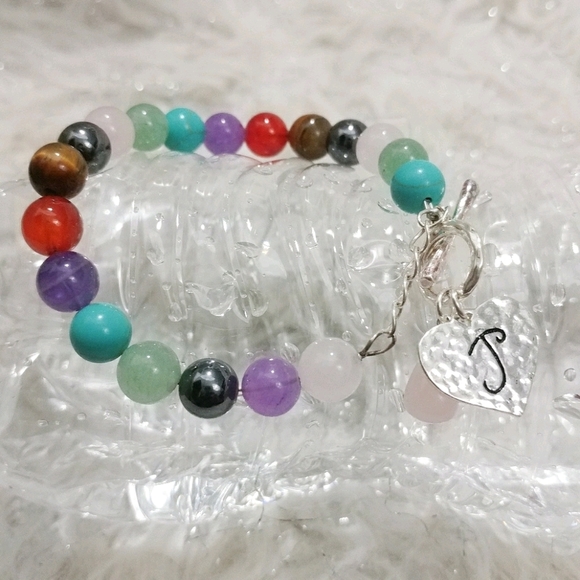 Multi-Color Beaded "J" Initial Heart Bracelet